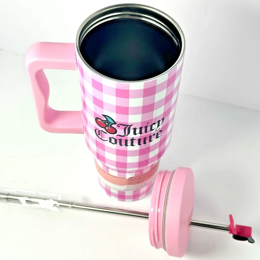 Juicy Couture Pink Gingham Cherry 40oz Tumbler w Handle Straw Stainless Steel